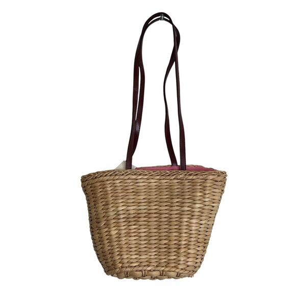 Woven Straw Purse Shoulder Bag Purse Embroidered Pink Flowers 10x7x5 in New - Picture 2 of 8